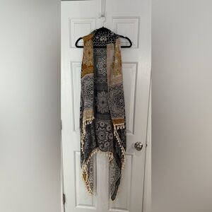G. Boho Tassel Fringe Scarf Shawl in Black, Cream & Mustard Size M/L